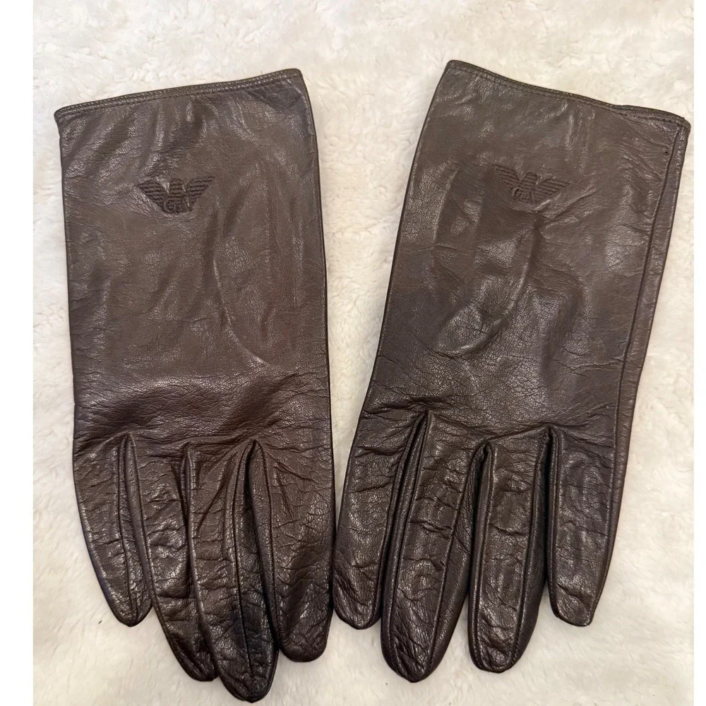 Vintage Emporio Armani Leather Gloves Brown Eagle Logo Made in Italy Size M